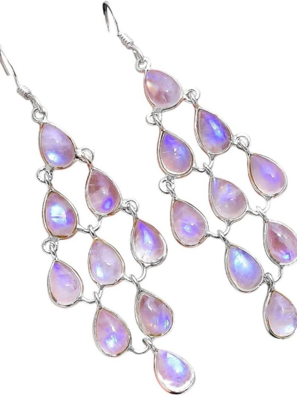 Stunning Rainbow Moonstone Chandelier Earrings, Silver Teardrop Dangles, 3.1
